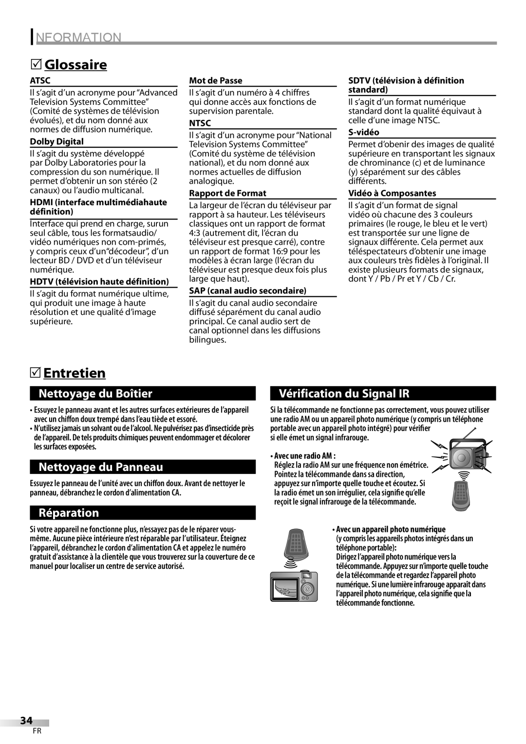 FUNAI ELC320EM9 owner manual Glossaire, Entretien 