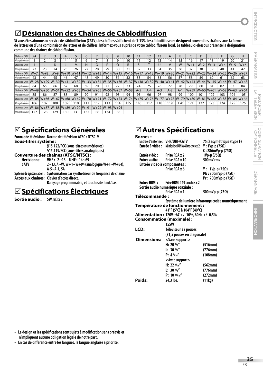 FUNAI ELC320EM9 5Désignation des Chaînes de Câblodiffusion, 5Spécifications Générales, 5Spécifications Électriques 