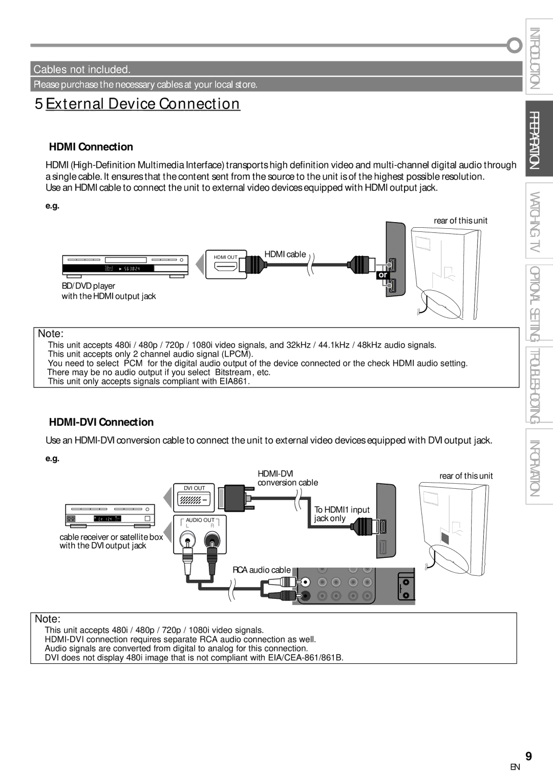 FUNAI ELC320EM9 owner manual 5External Device Connection, Hdmi Connection, HDMI-DVI Connection 