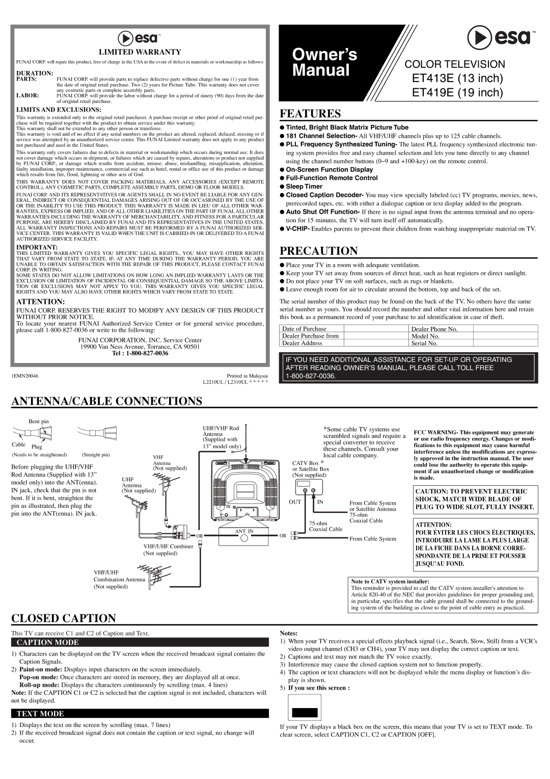 FUNAI ET413E, ET419E owner manual Features, Precaution, ANTENNA/CABLE Connections, Closed Caption 