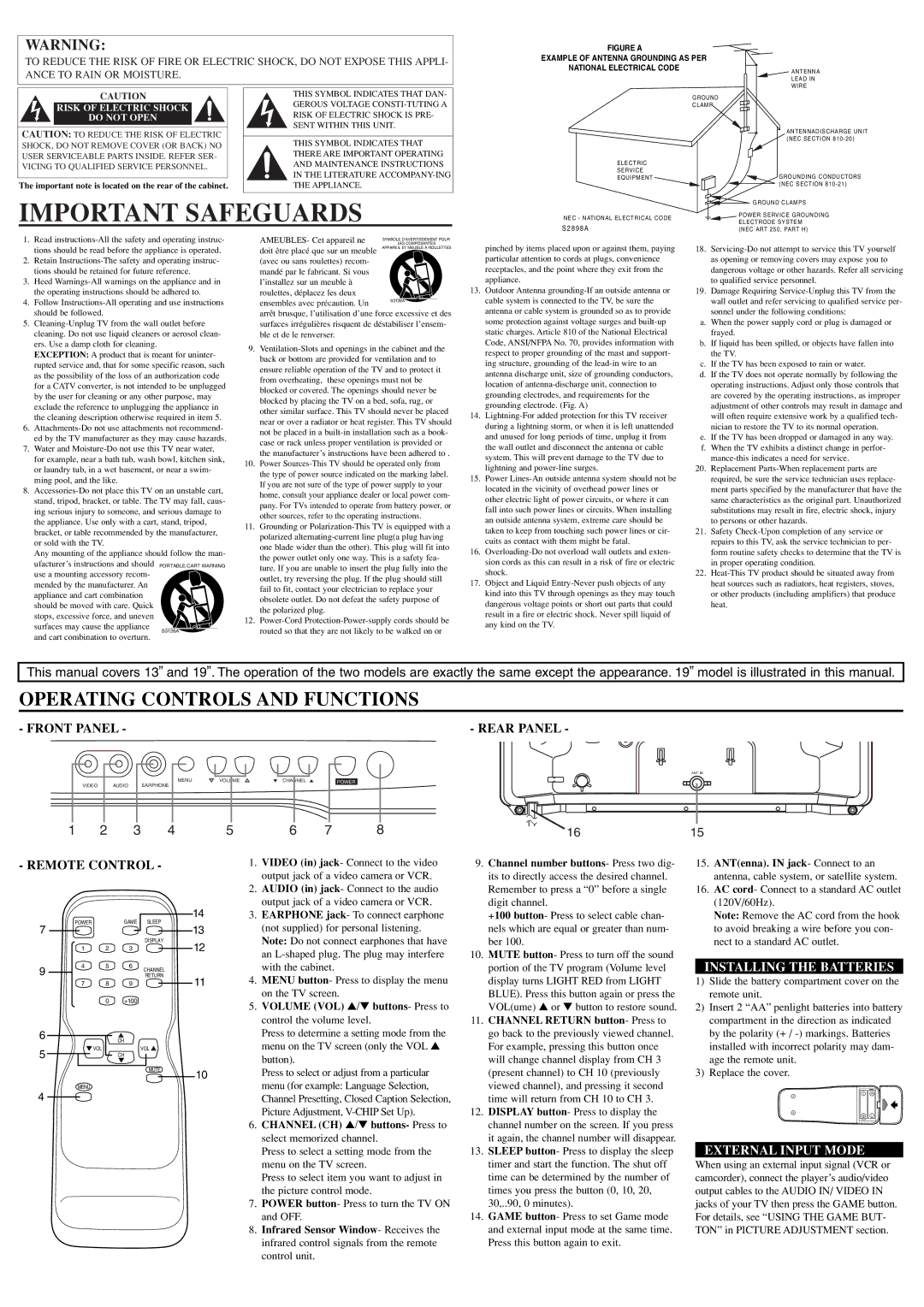 FUNAI ET413E, ET419E Important Safeguards, Operating Controls and Functions, Installing the Batteries, External Input Mode 