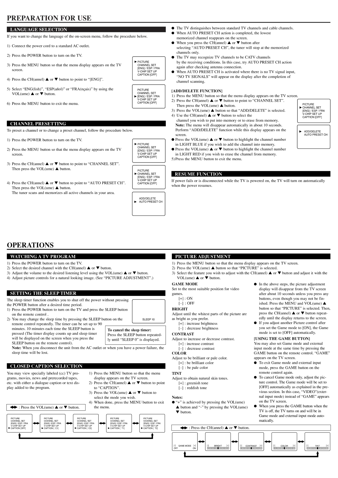 FUNAI ET413E, ET419E owner manual Preparation for USE, Operations 