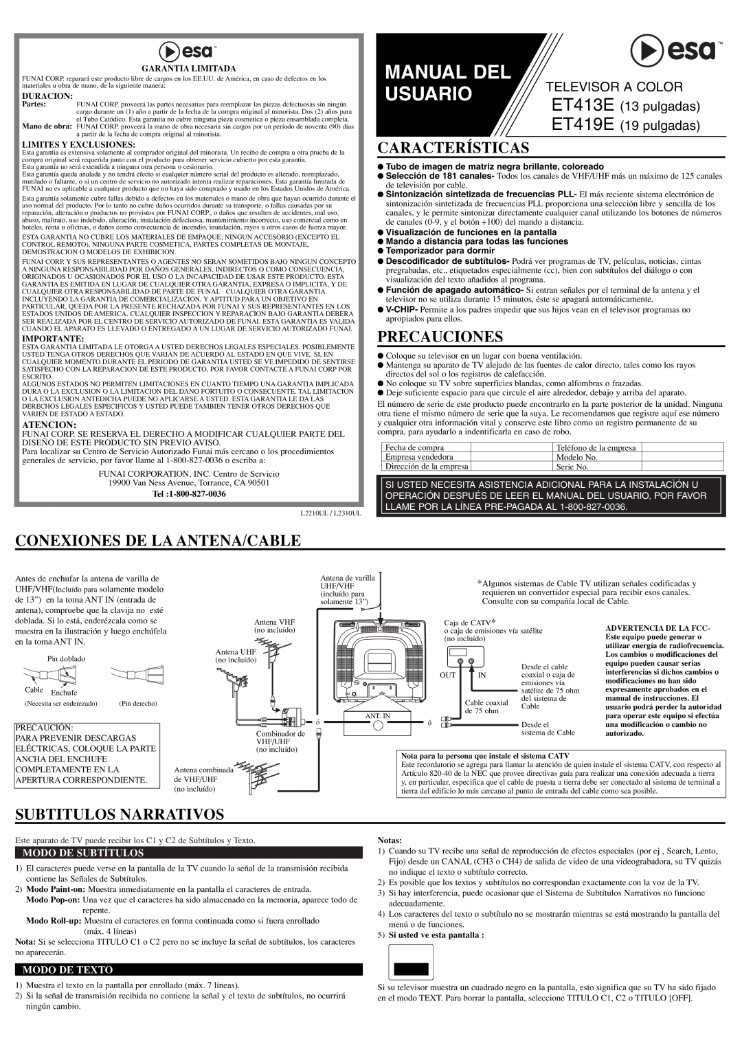 FUNAI ET413E, ET419E owner manual Características, Precauciones, Conexiones DE LA ANTENA/CABLE, Subtitulos Narrativos 