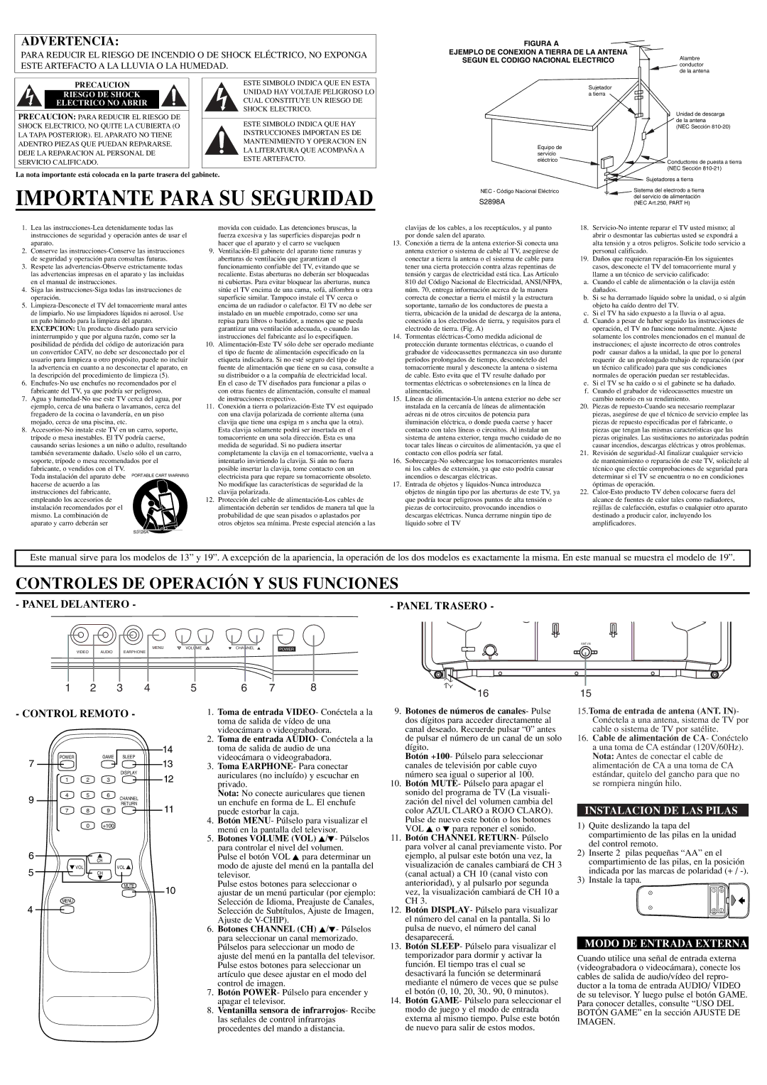 FUNAI ET413E, ET419E Importante Para SU Seguridad, Panel Delantero Panel Trasero, Control Remoto, Instalacion DE LAS Pilas 