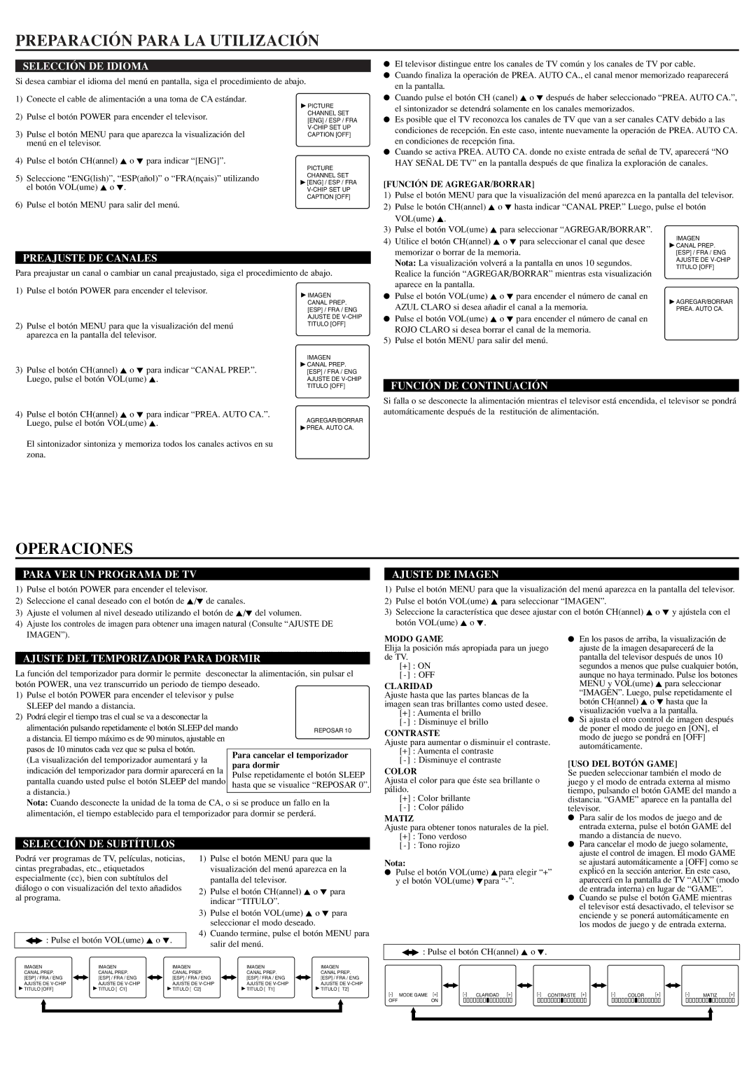 FUNAI ET413E, ET419E owner manual Preparación Para LA Utilización, Operaciones 