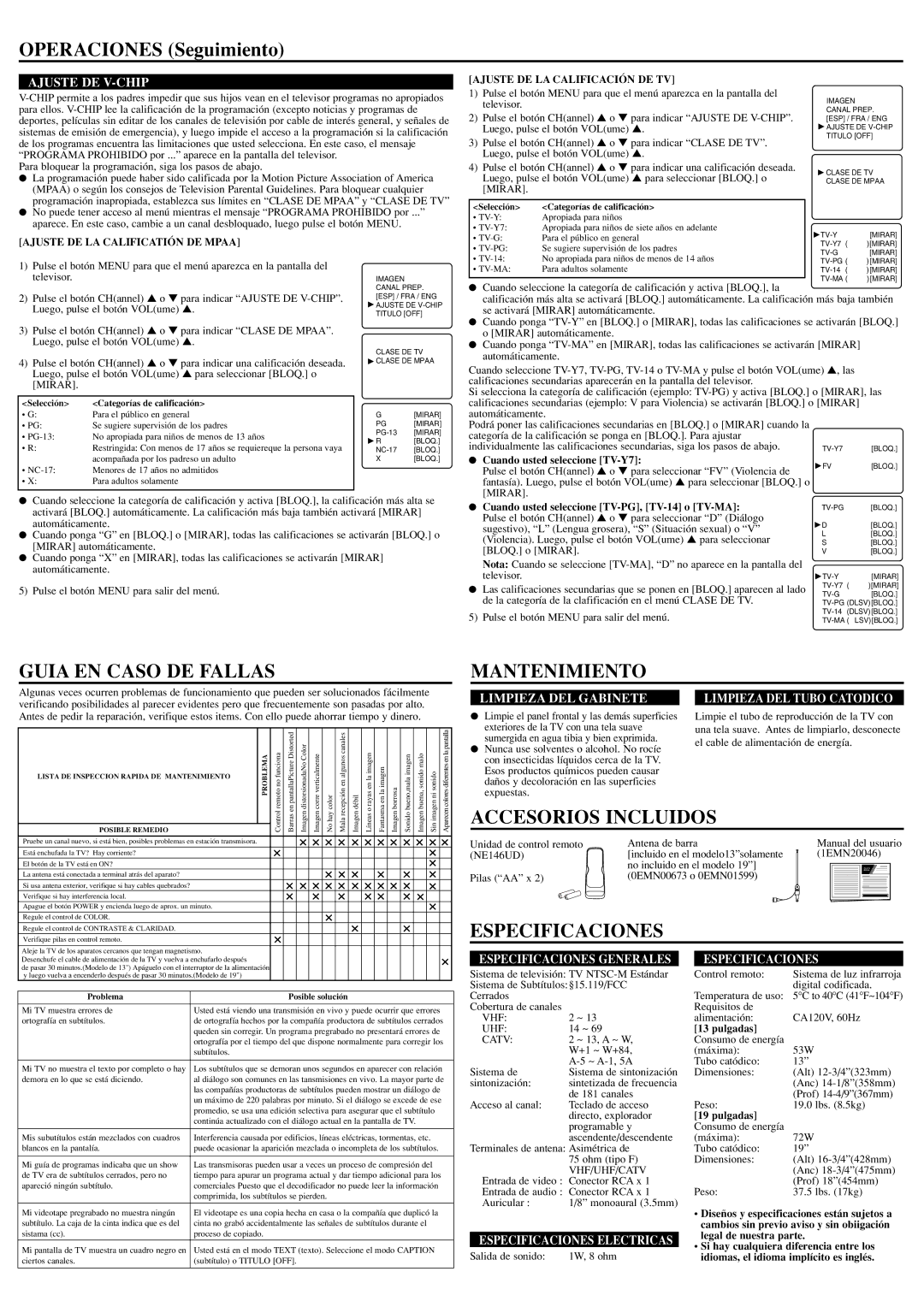 FUNAI ET413E, ET419E owner manual Operaciones Seguimiento, Guia EN Caso DE Fallas, Mantenimiento, Accesorios Incluidos 