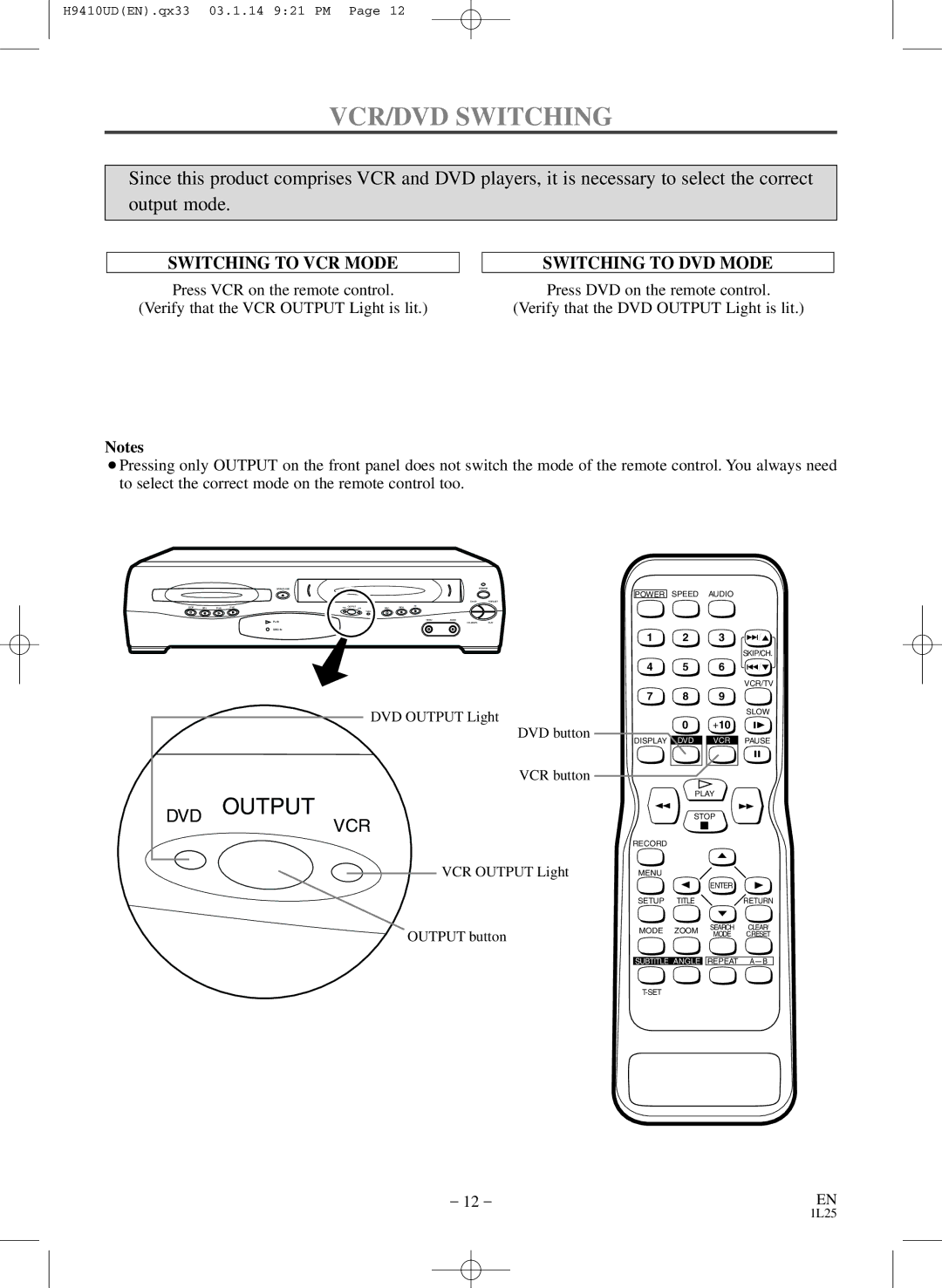 FUNAI EWD2203 owner manual VCR/DVD Switching, Switching to DVD Mode 