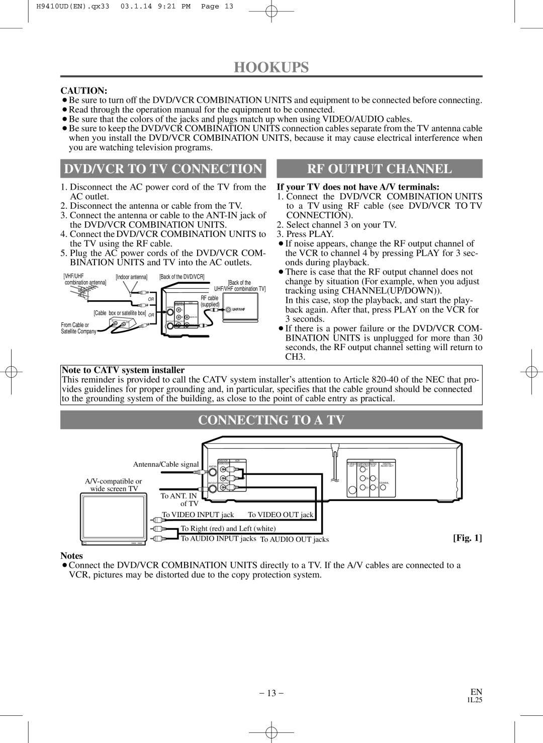 FUNAI EWD2203 owner manual Hookups, RF Output Channel, Connecting to a TV, If your TV does not have A/V terminals 