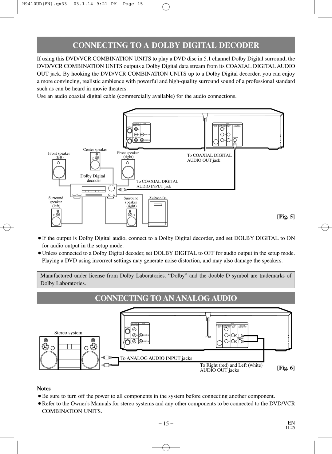 FUNAI EWD2203 owner manual Connecting to a Dolby Digital Decoder, Connecting to AN Analog Audio 