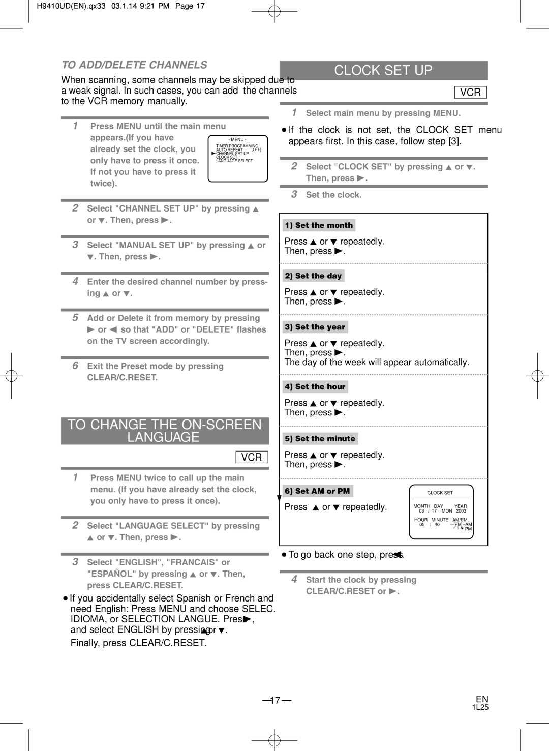 FUNAI EWD2203 owner manual To Change the ON-SCREEN Language, Clock SET UP, To ADD/DELETE Channels 