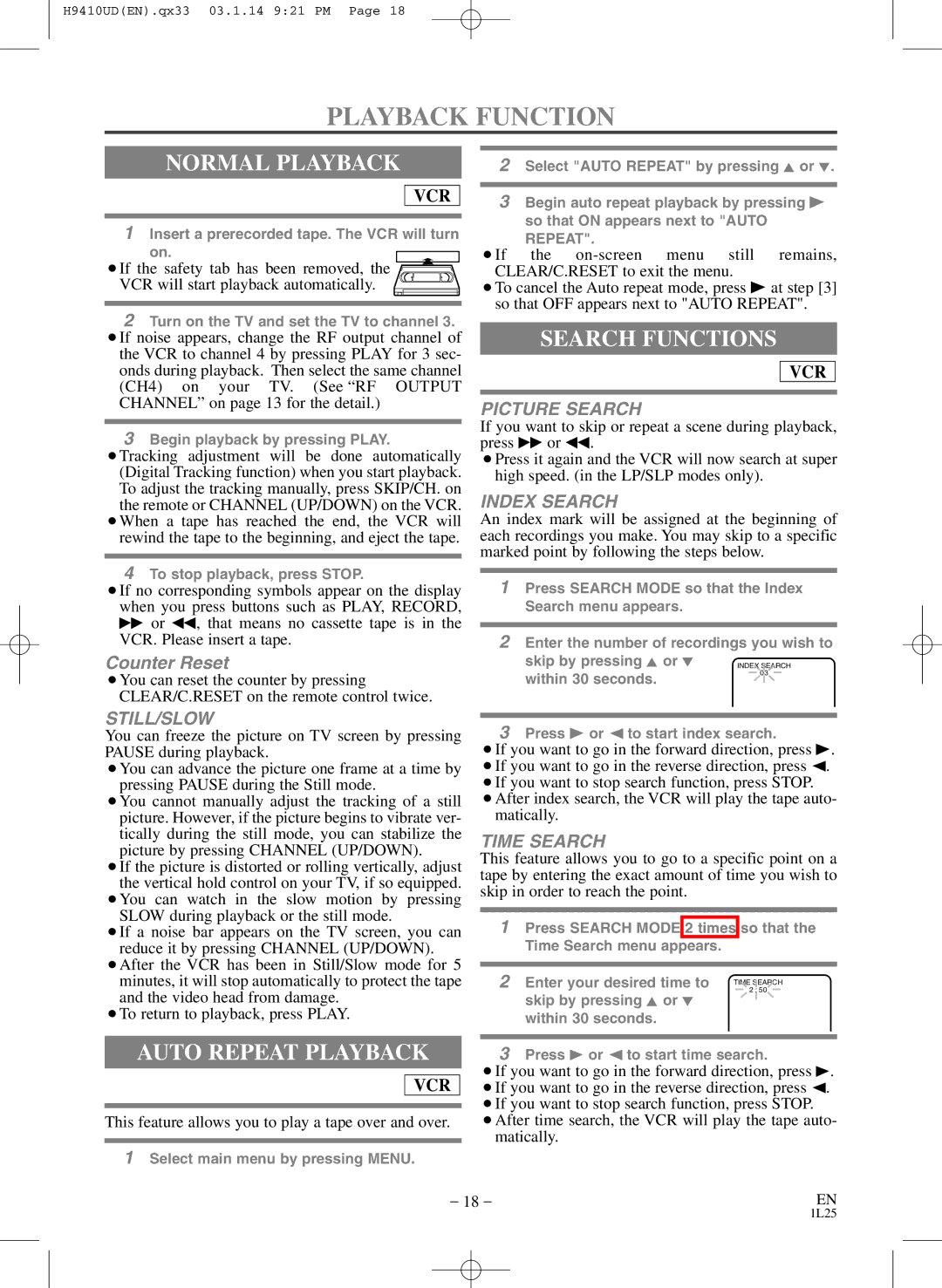 FUNAI EWD2203 owner manual Playback Function, Normal Playback, Auto Repeat Playback, Search Functions 