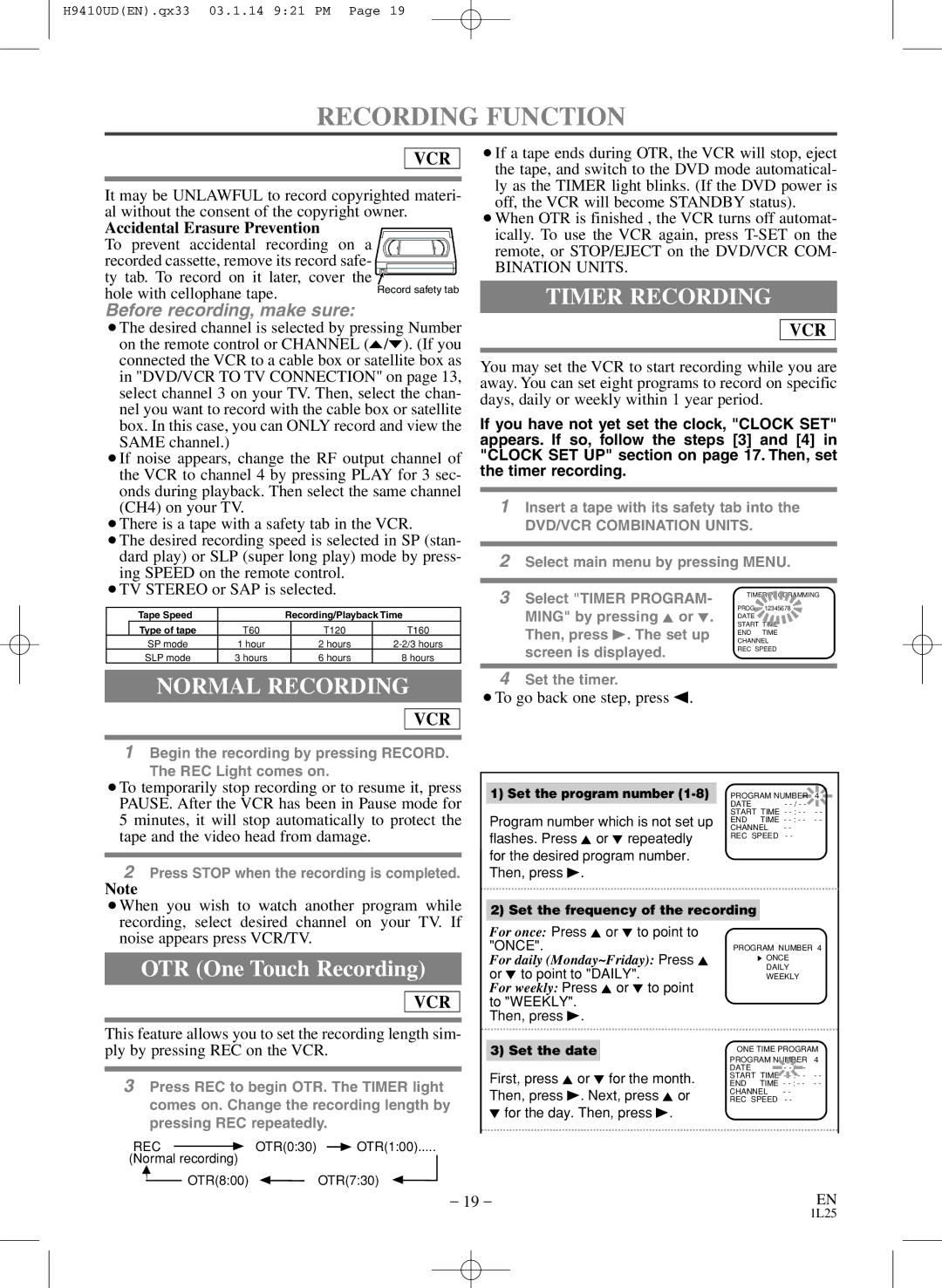 FUNAI EWD2203 owner manual Recording Function, Timer Recording, Normal Recording, Accidental Erasure Prevention 