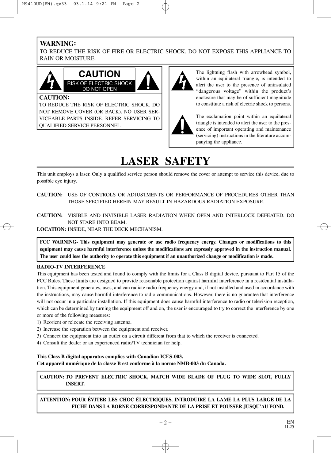 FUNAI EWD2203 owner manual Laser Safety 