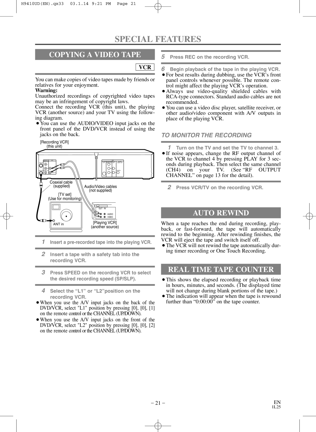 FUNAI EWD2203 Special Features, Copying a Video Tape, Auto Rewind, Real Time Tape Counter, To Monitor the Recording 