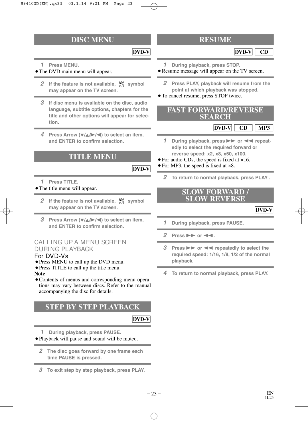 FUNAI EWD2203 Disc Menu Resume, Title Menu, Step by Step Playback, Fast FORWARD/REVERSE Search, Slow Forward Slow Reverse 