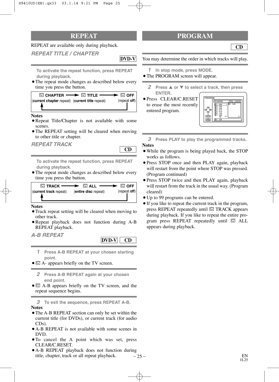 FUNAI EWD2203 owner manual Repeat Program, Repeat Title / Chapter, Repeat Track 