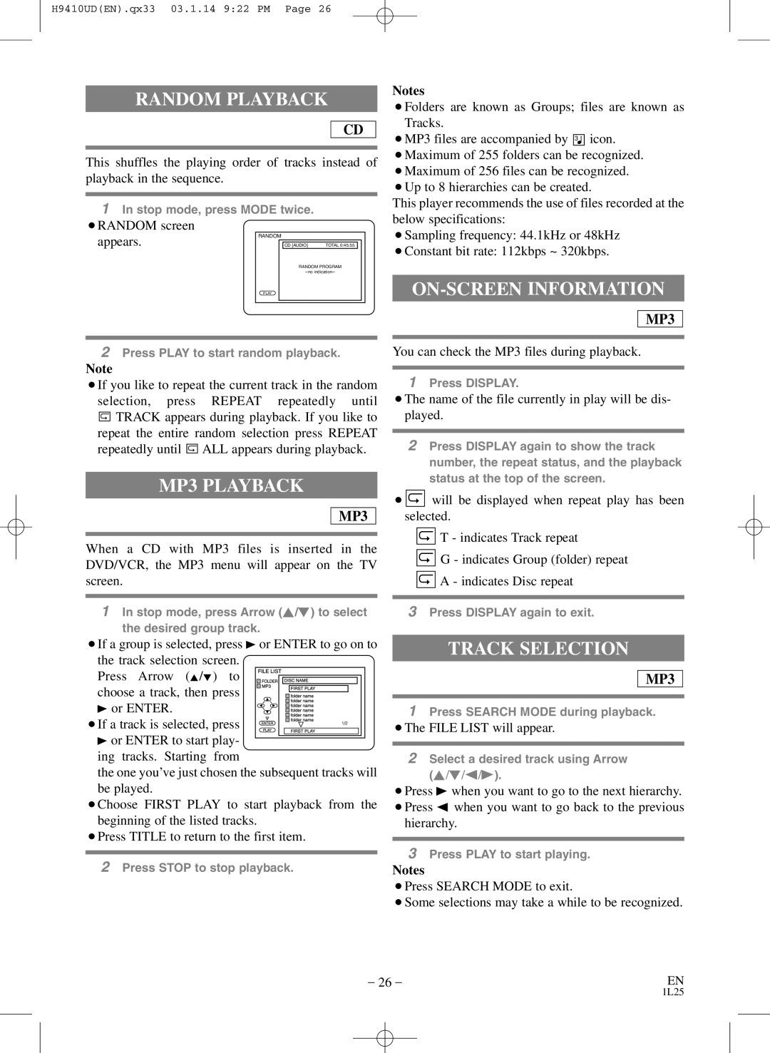 FUNAI EWD2203 owner manual Random Playback, MP3 Playback, ON-SCREEN Information, Track Selection 