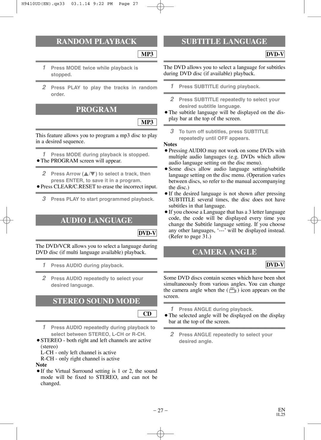 FUNAI EWD2203 owner manual Subtitle Language, Audio Language, Stereo Sound Mode, Camera Angle 