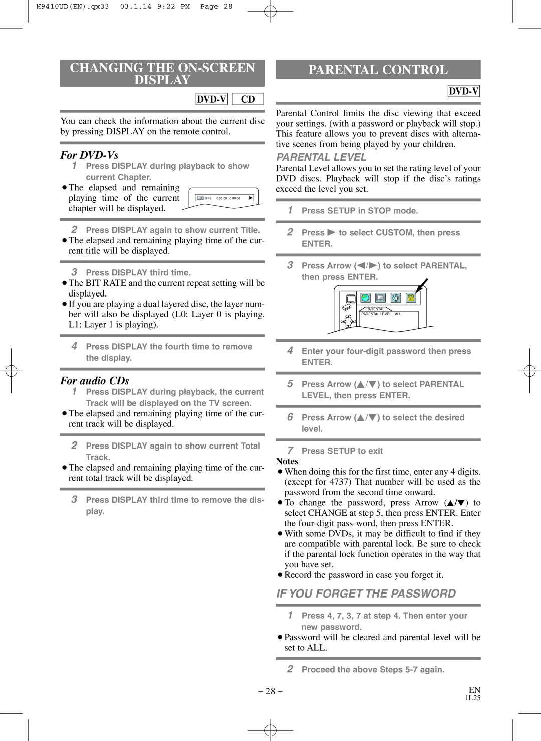 FUNAI EWD2203 owner manual Changing the ON-SCREEN Display, Parental Control, Parental Level, Chapter will be displayed 