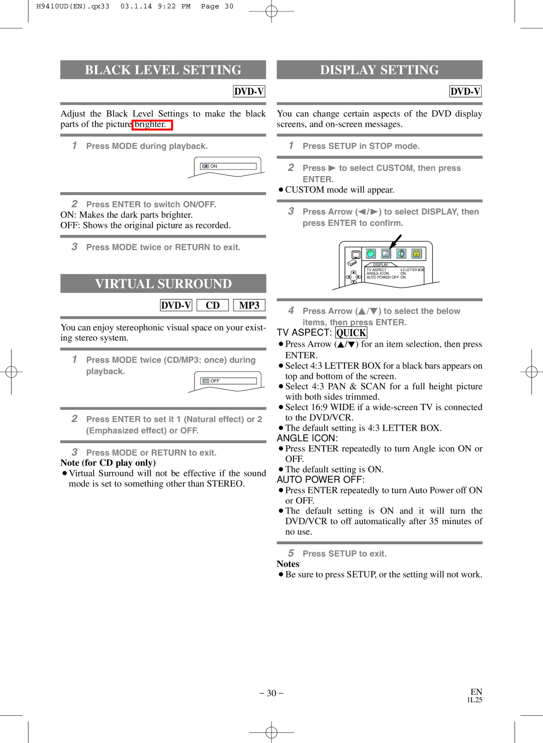 FUNAI EWD2203 Black Level Setting, Display Setting, Virtual Surround, ¡Press Arrow K/L for an item selection, then press 