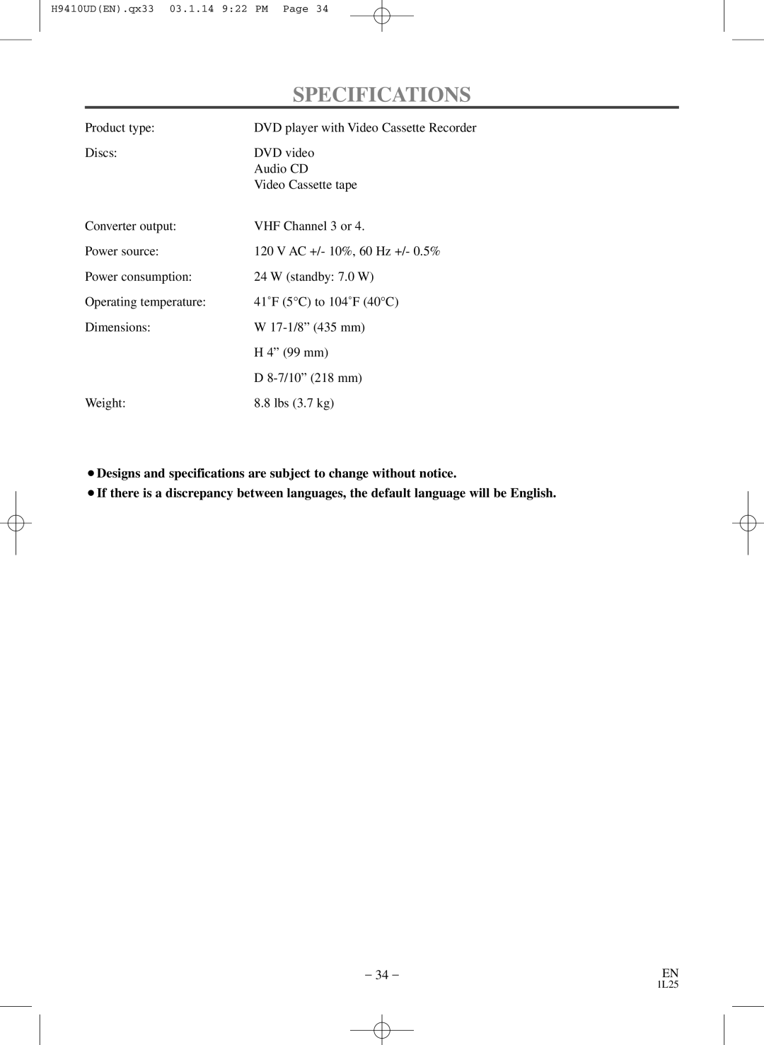 FUNAI EWD2203 owner manual Specifications 