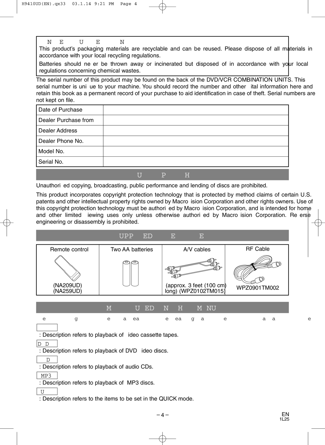 FUNAI EWD2203 owner manual About Copyright, Supplied Accessories, Symbols Used in this Manual 