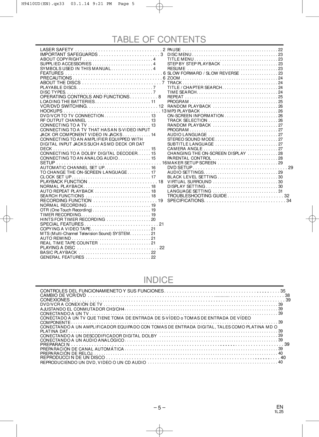 FUNAI EWD2203 owner manual Table of Contents, Indice 