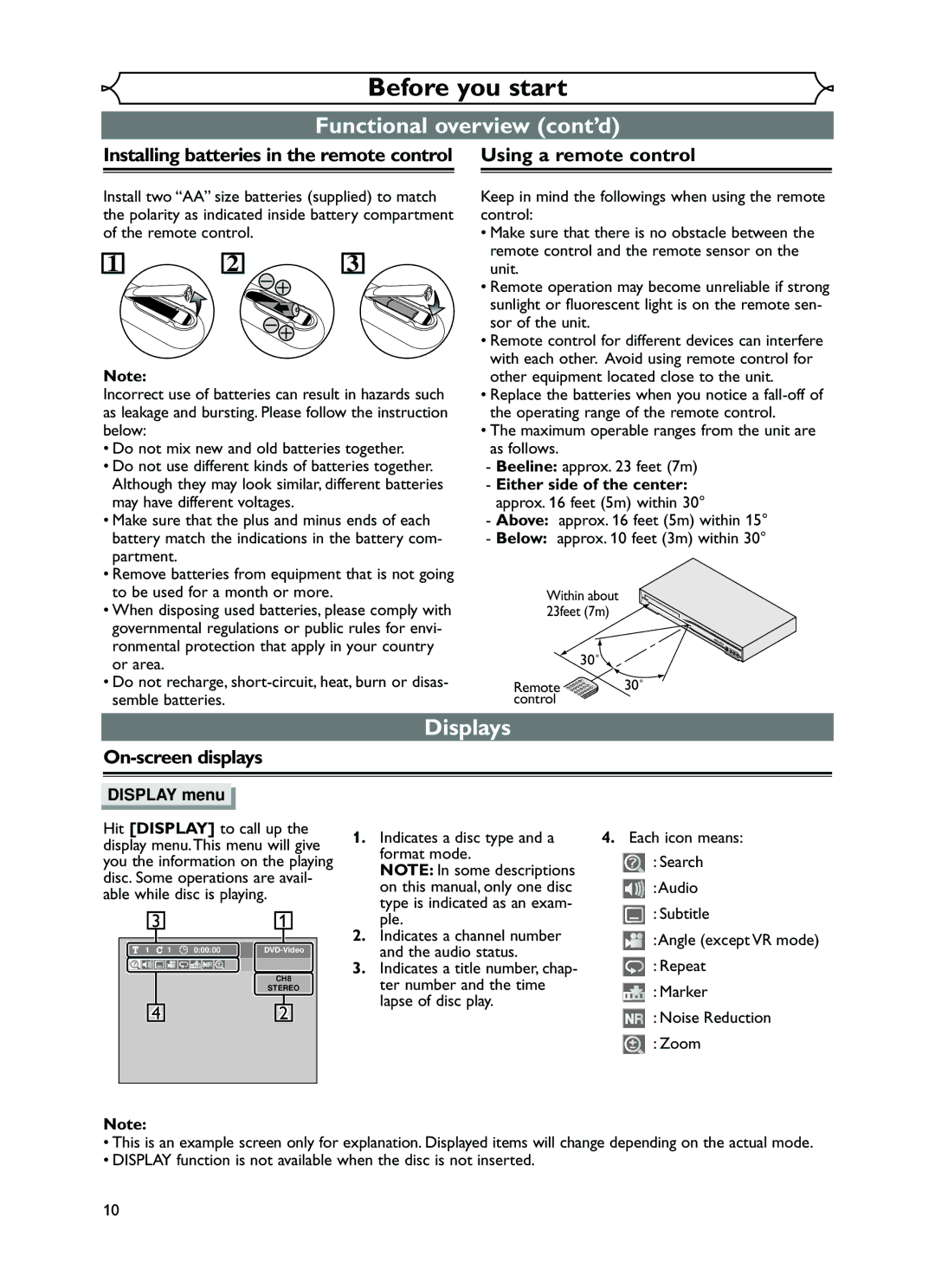 FUNAI EWR10D5 owner manual Displays, On-screen displays, Above approx feet 5m within Below approx feet 3m within 