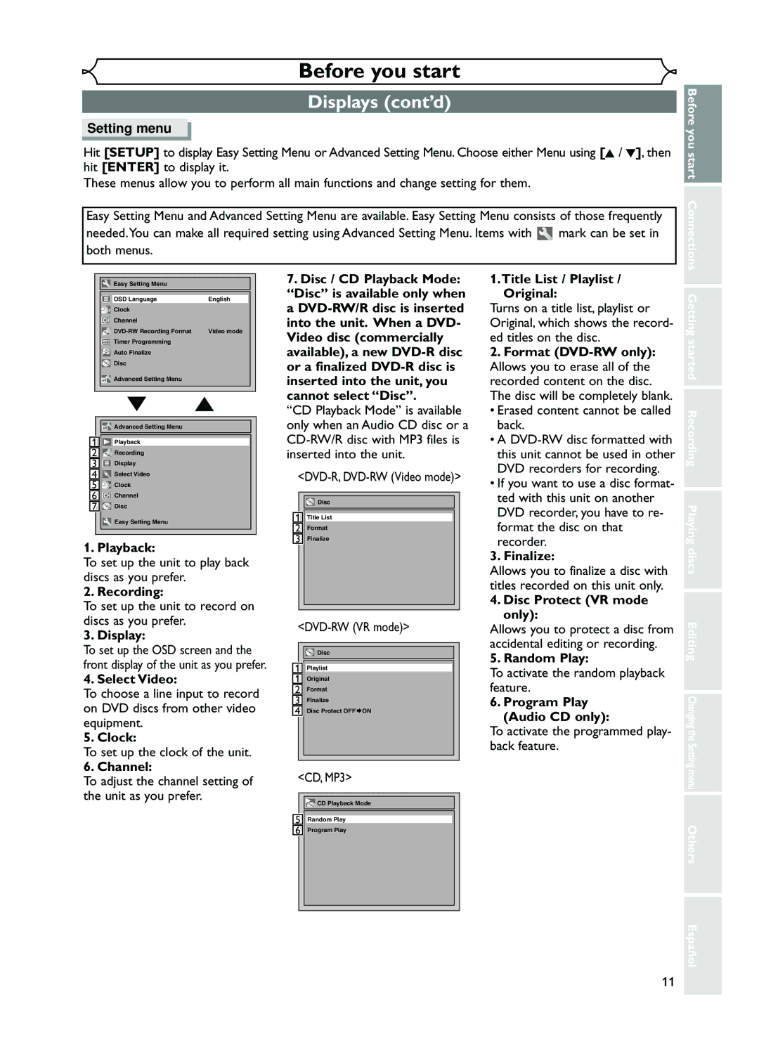 FUNAI EWR10D5 owner manual Displays cont’d 