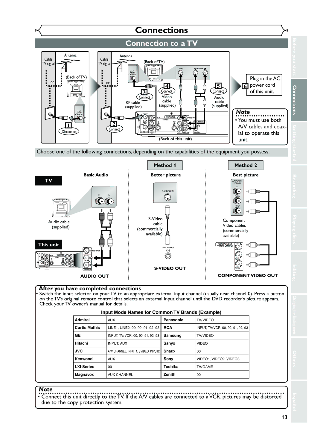 FUNAI EWR10D5 owner manual Connections, Connection to a TV, Plug in the AC, After you have completed connections, This unit 