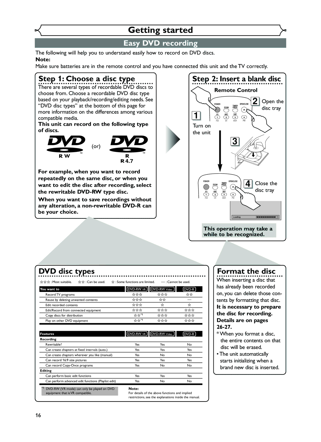 FUNAI EWR10D5 owner manual Getting started, Easy DVD recording 