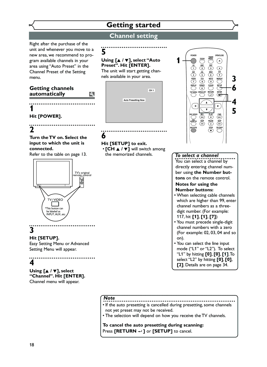 FUNAI EWR10D5 owner manual Channel setting, Getting channels automatically 