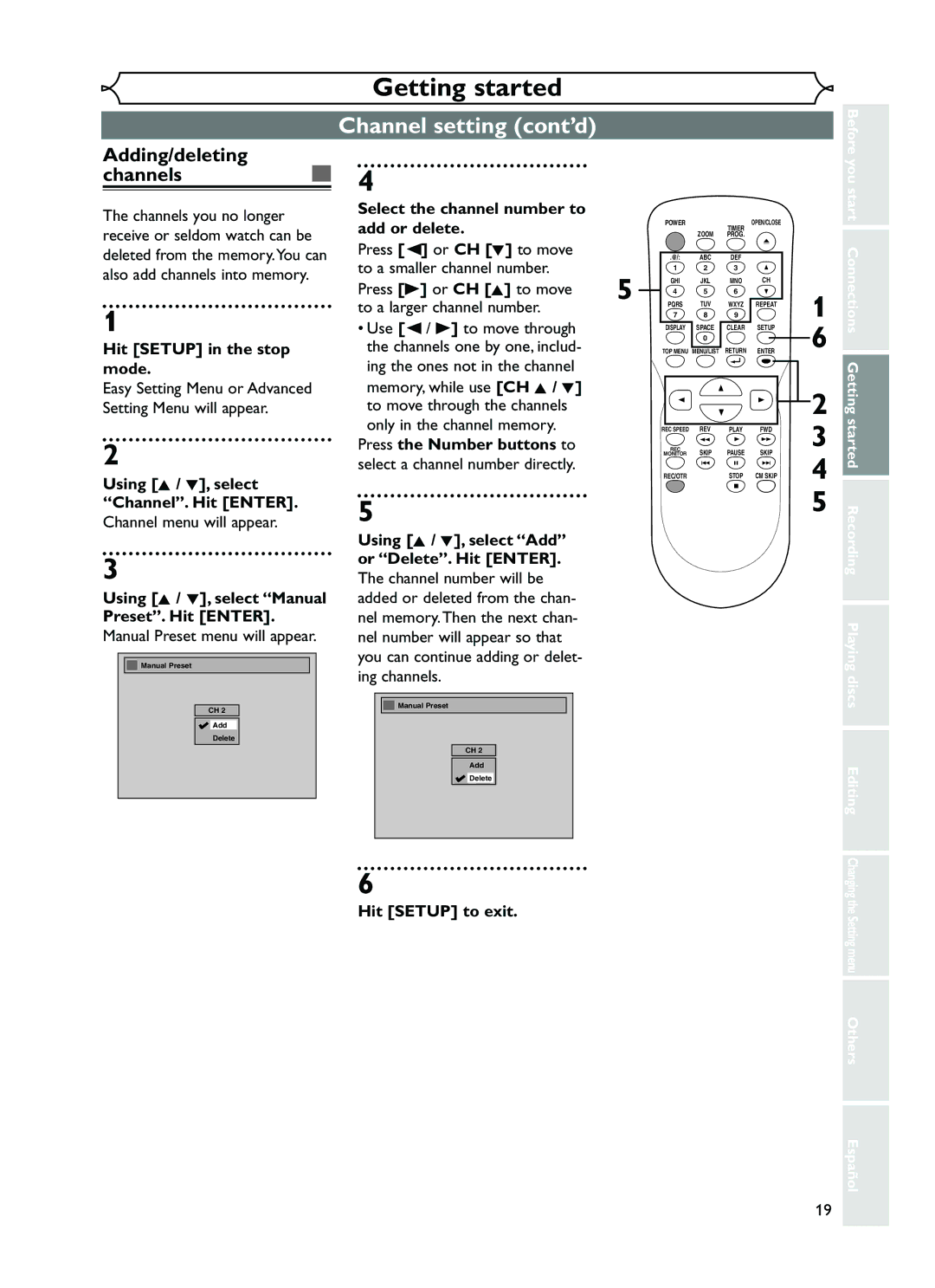 FUNAI EWR10D5 owner manual Channel setting cont’d, Adding/deleting channels 