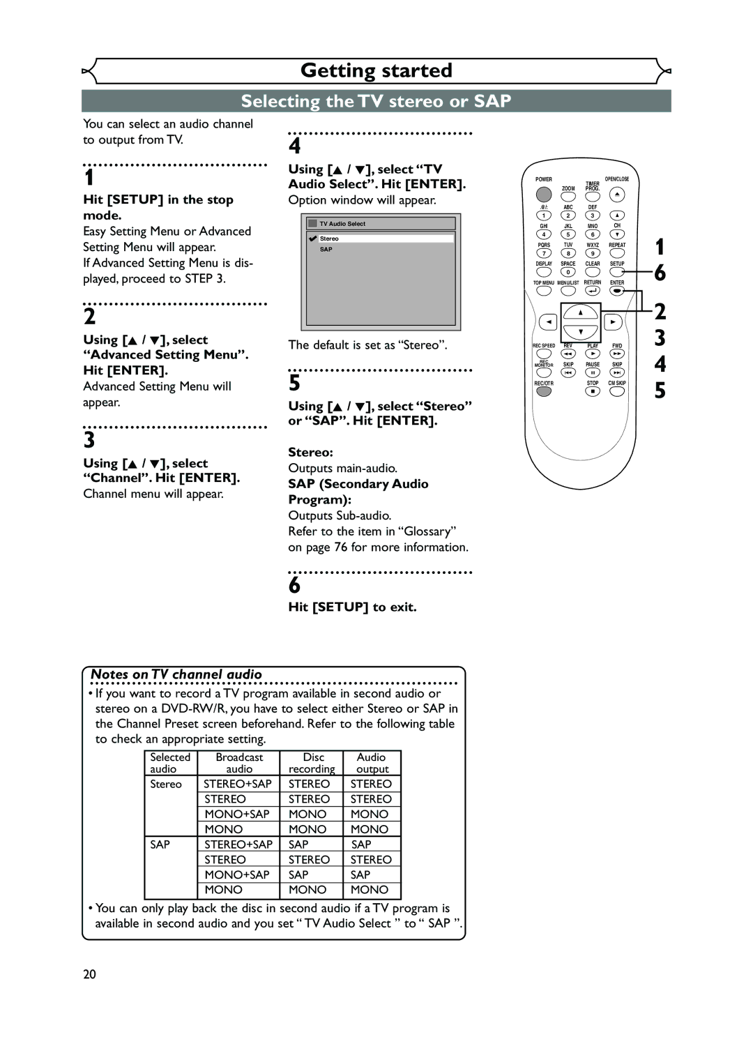 FUNAI EWR10D5 owner manual Selecting the TV stereo or SAP 