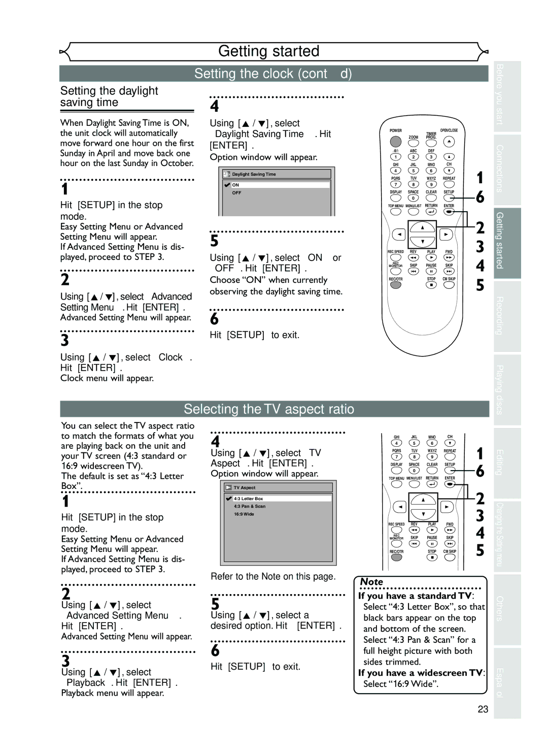 FUNAI EWR10D5 owner manual Selecting the TV aspect ratio, Setting the daylight saving time 