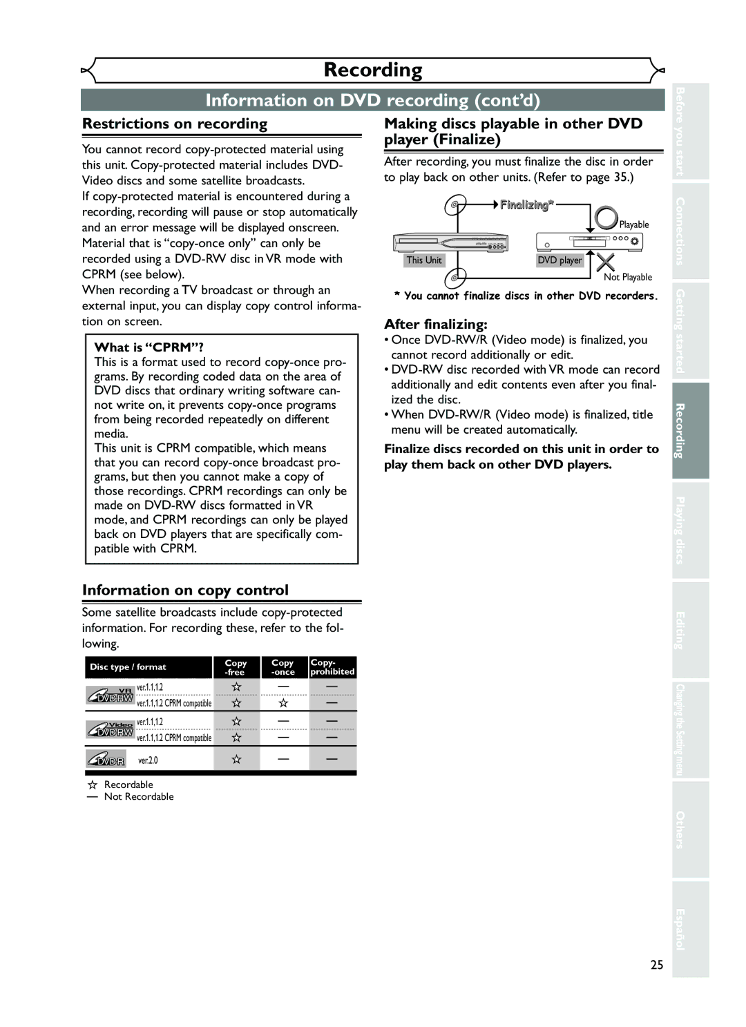 FUNAI EWR10D5 Information on DVD recording cont’d, Restrictions on recording, Information on copy control, What is CPRM? 