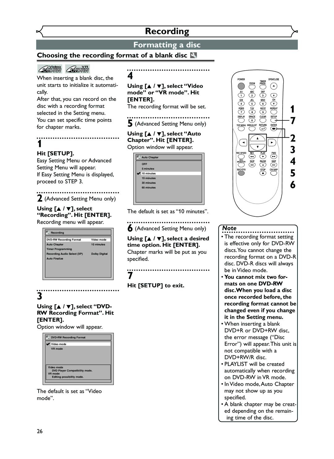 FUNAI EWR10D5 owner manual Formatting a disc, Choosing the recording format of a blank disc 