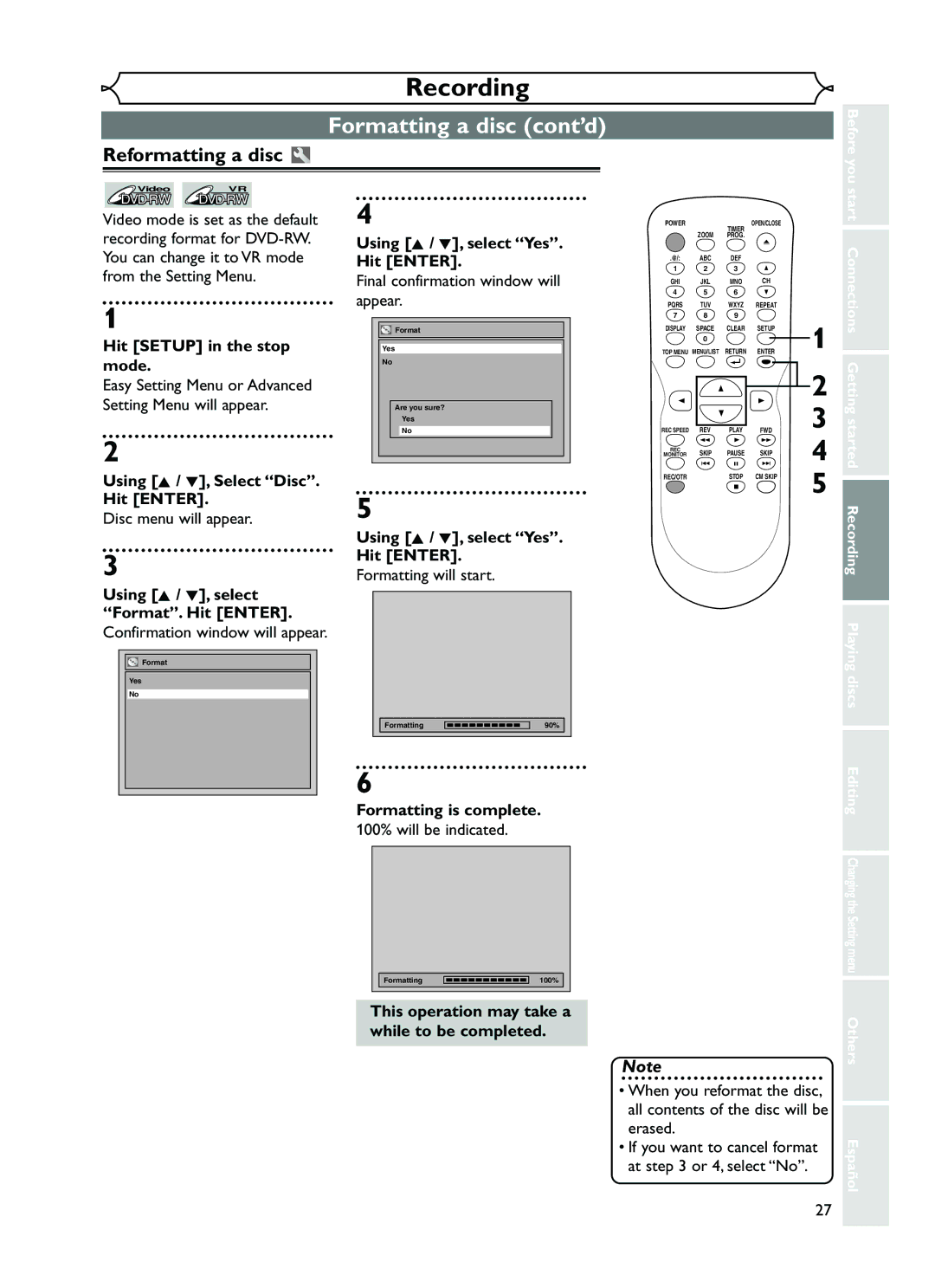 FUNAI EWR10D5 owner manual Formatting a disc cont’d, Reformatting a disc 