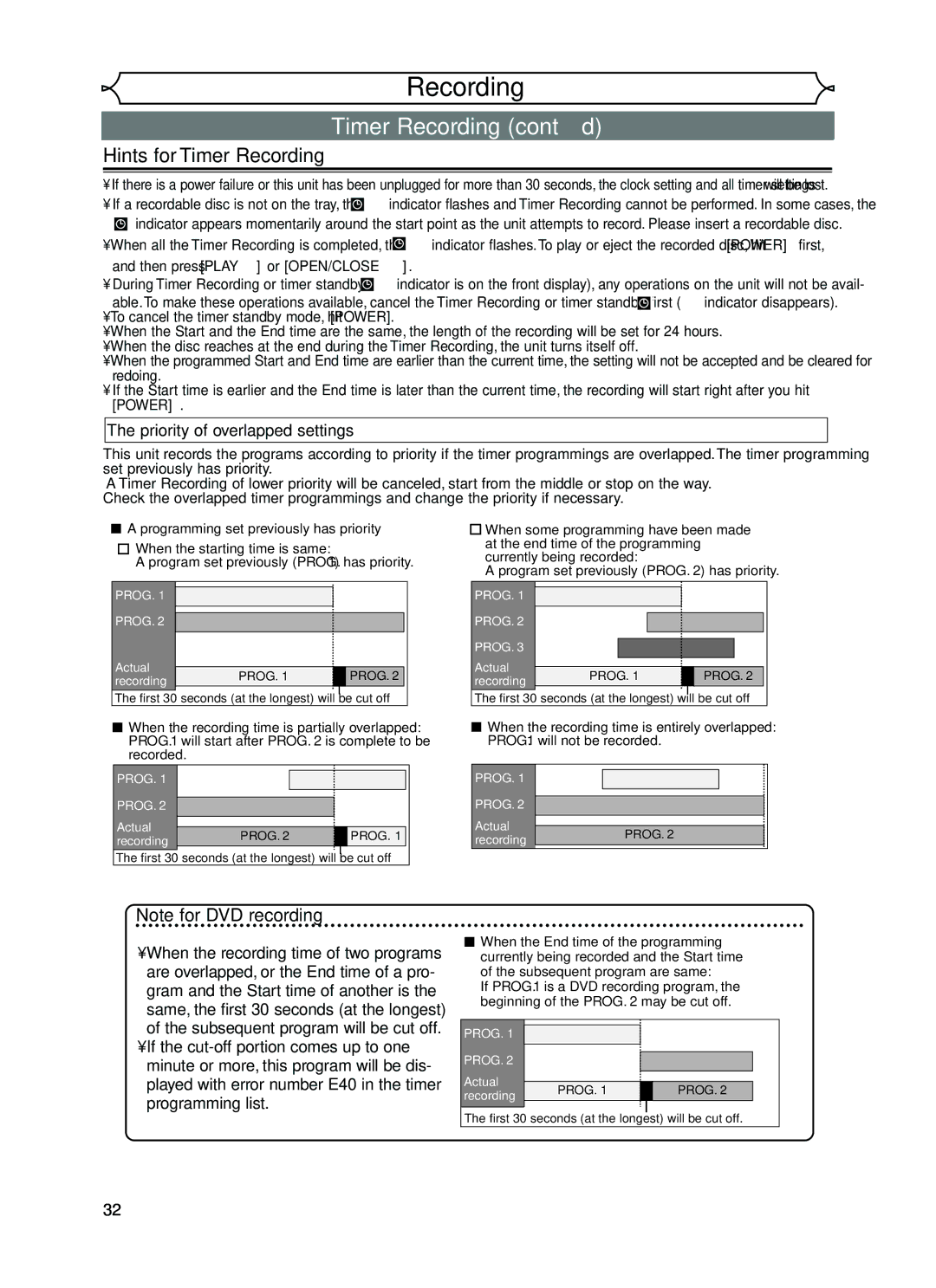 FUNAI EWR10D5 owner manual Hints for Timer Recording, Priority of overlapped settings 