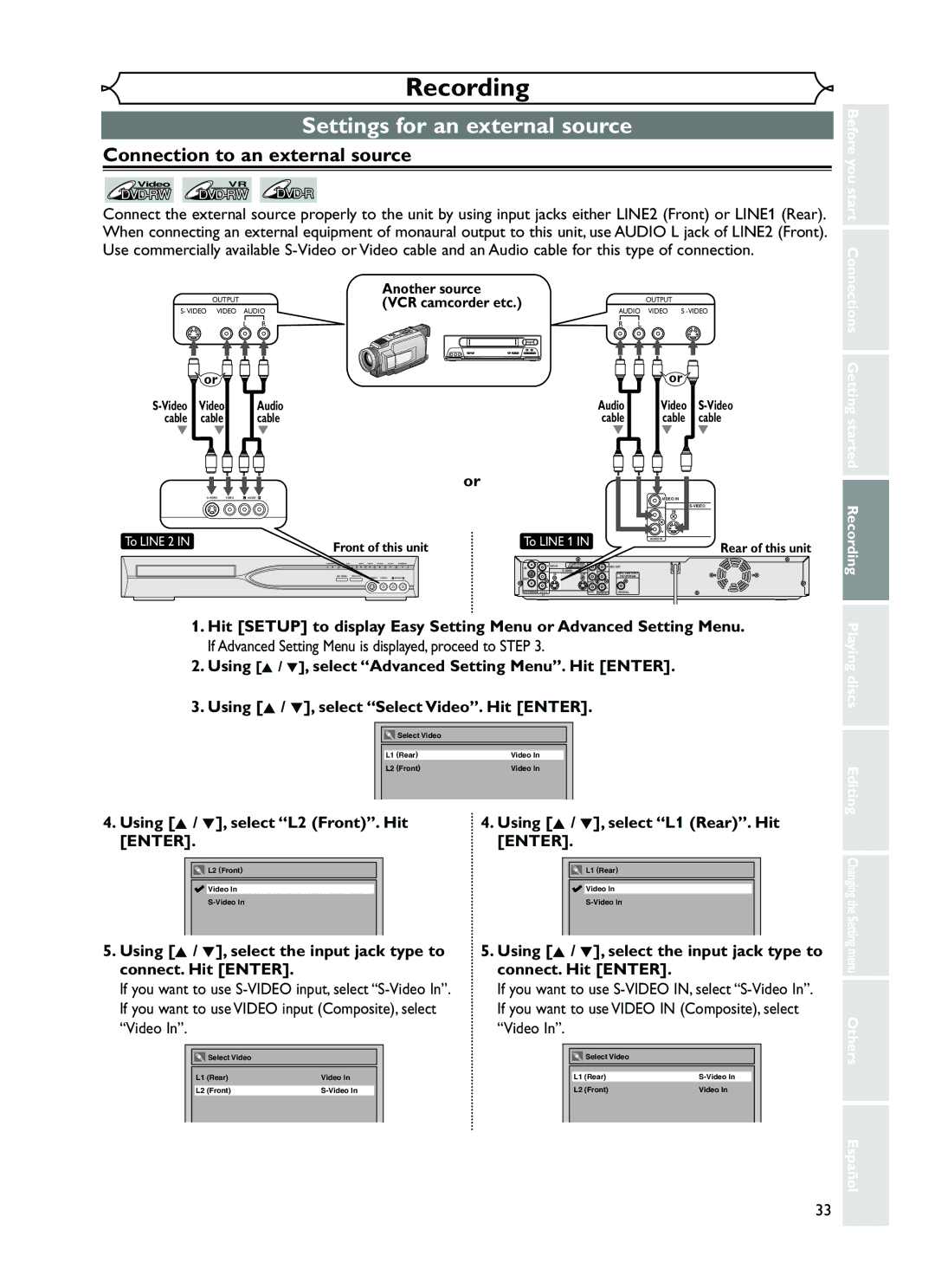 FUNAI EWR10D5 owner manual Settings for an external source, Connection to an external source, Video 