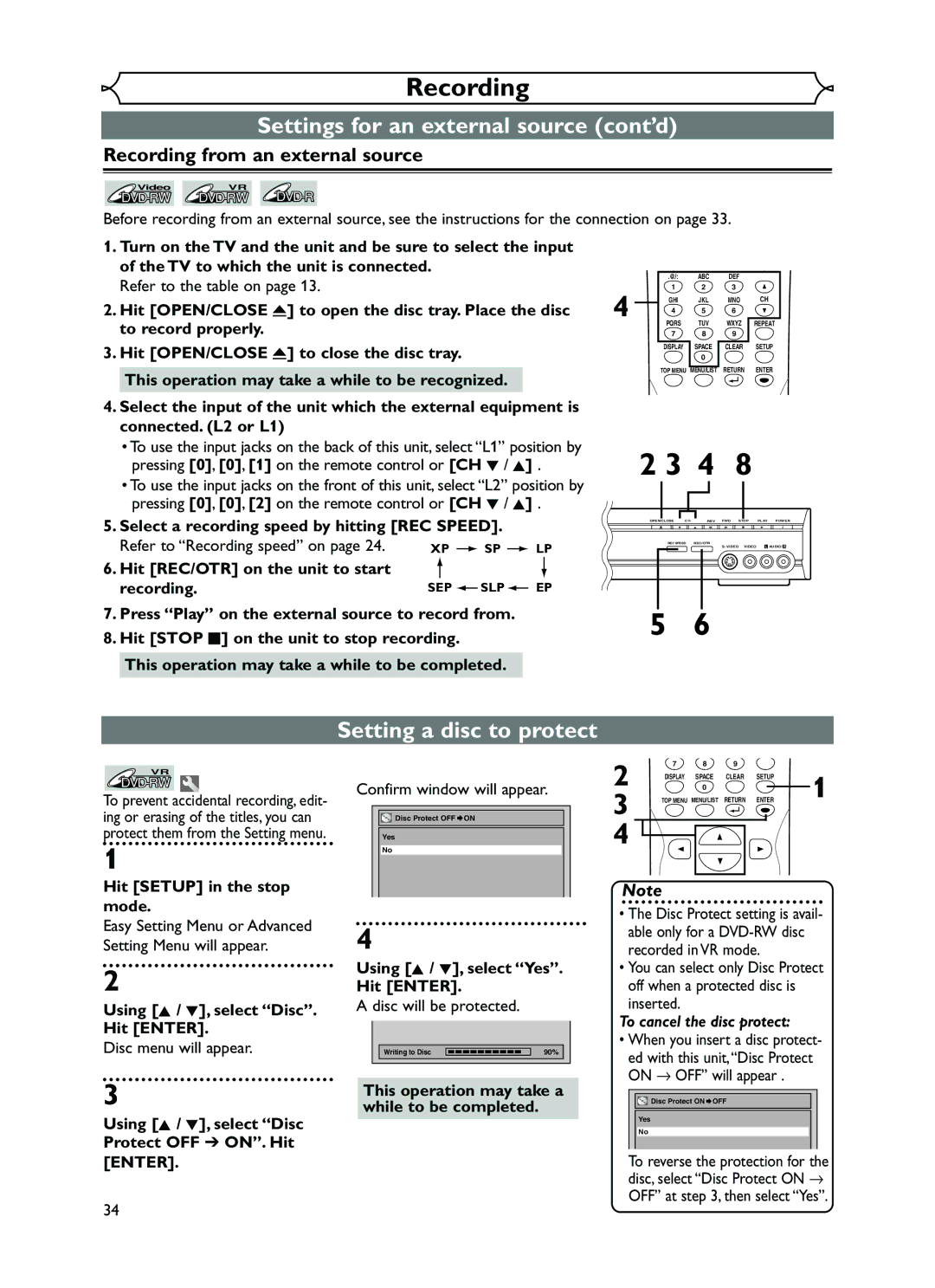 FUNAI EWR10D5 Settings for an external source cont’d, Setting a disc to protect, Recording from an external source 