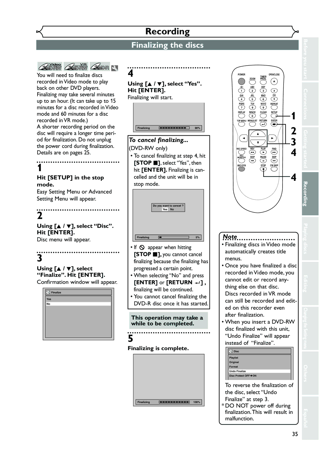 FUNAI EWR10D5 owner manual Finalizing the discs 