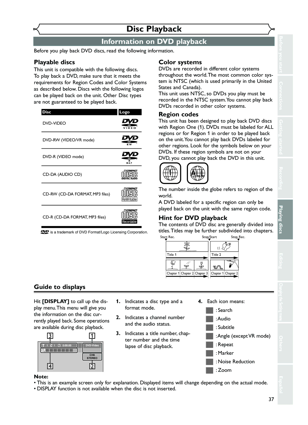 FUNAI EWR10D5 owner manual Disc Playback, Information on DVD playback 