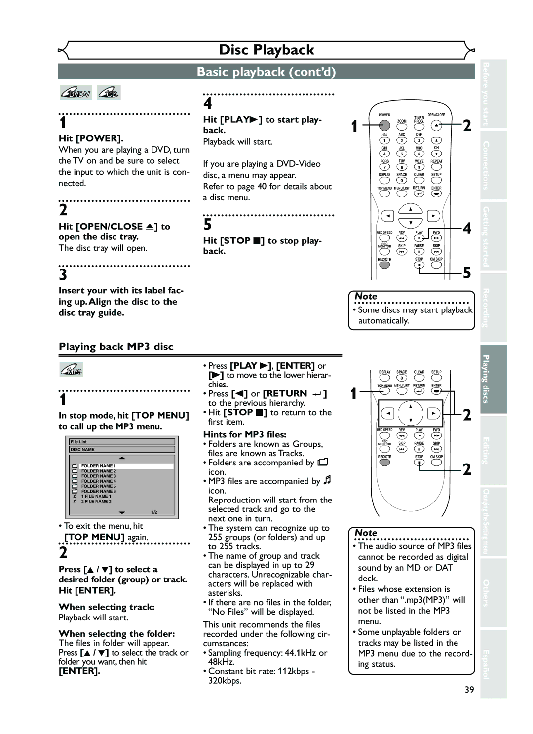 FUNAI EWR10D5 owner manual Basic playback cont’d, Playing back MP3 disc, Hit Playb to start play- back, Hints for MP3 files 