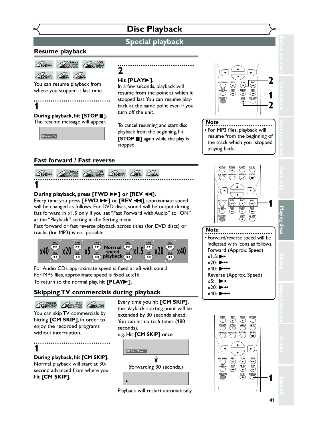 FUNAI EWR10D5 owner manual Special playback, Resume playback, Fast forward / Fast reverse, X1.5 