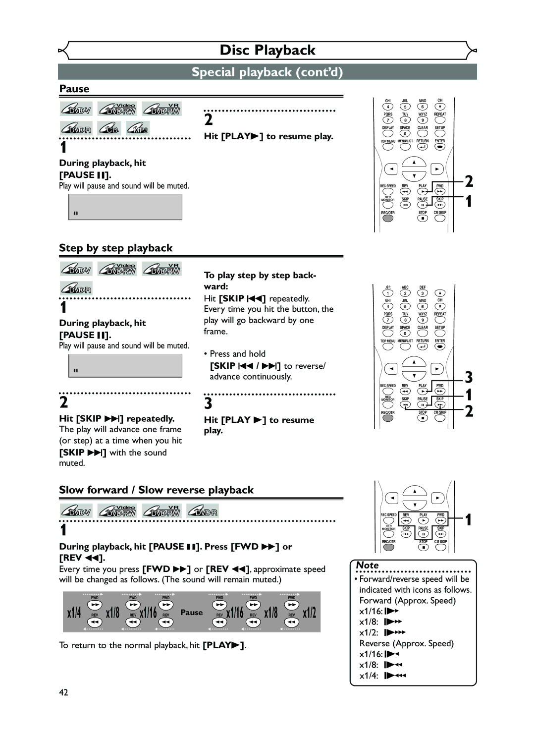 FUNAI EWR10D5 owner manual Special playback cont’d, Pause, Step by step playback, Slow forward / Slow reverse playback 