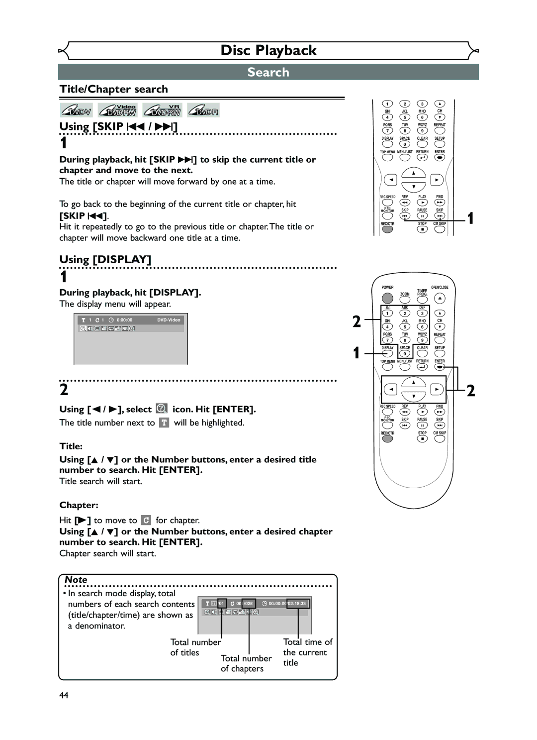 FUNAI EWR10D5 owner manual Search, Title/Chapter search, Using Skip H / G, Using Display, Chapter Hit B to move to 