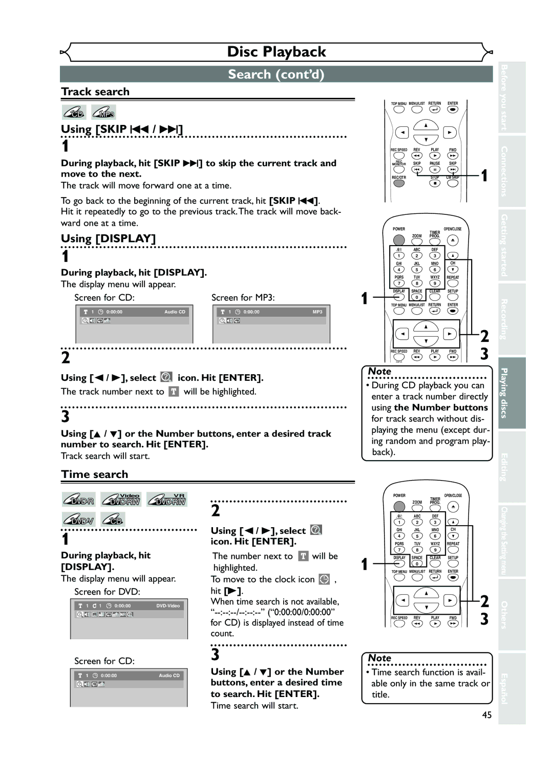 FUNAI EWR10D5 owner manual Search cont’d, Track search, Time search 