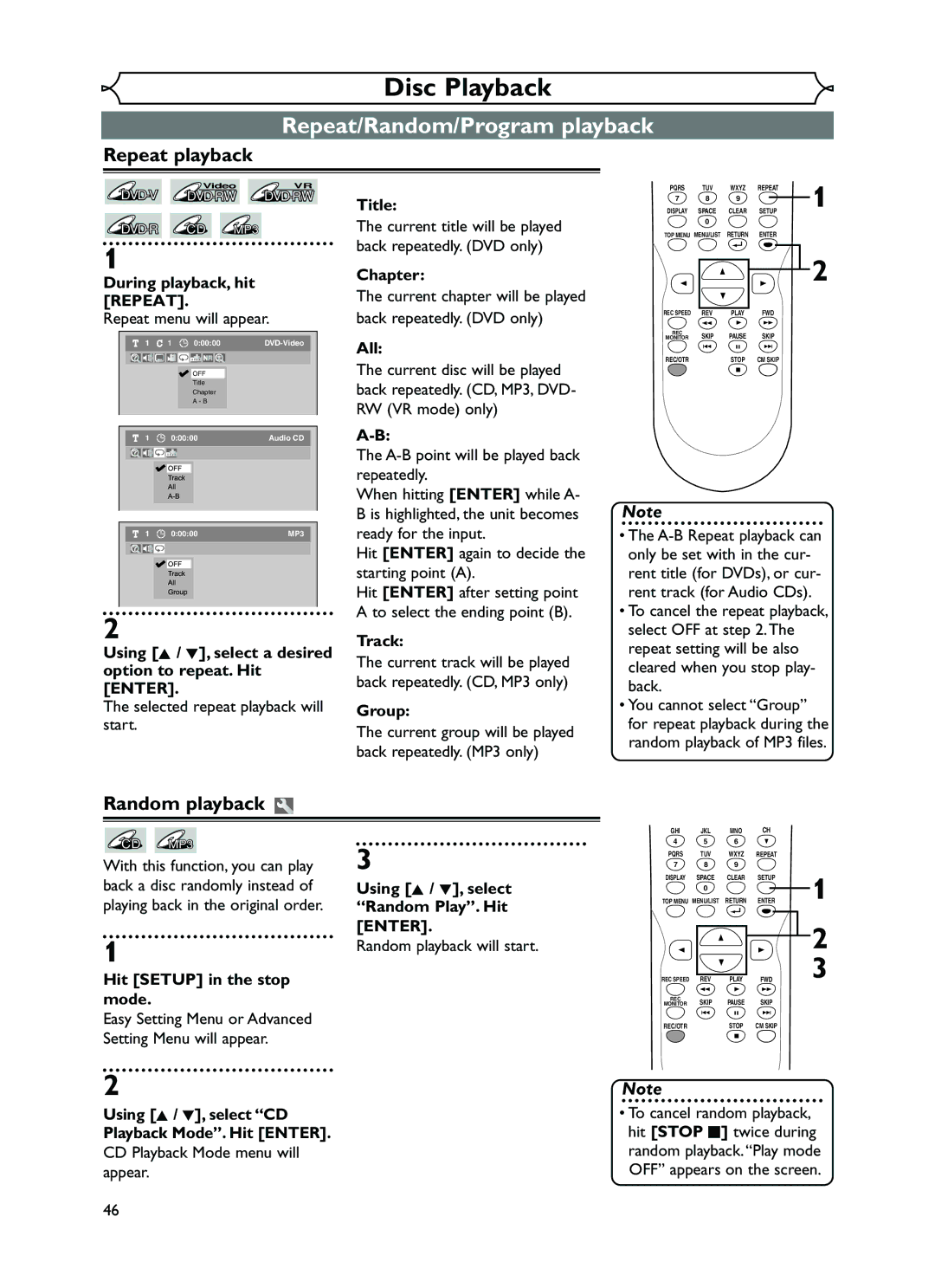 FUNAI EWR10D5 owner manual Repeat/Random/Program playback, Repeat playback, Random playback 