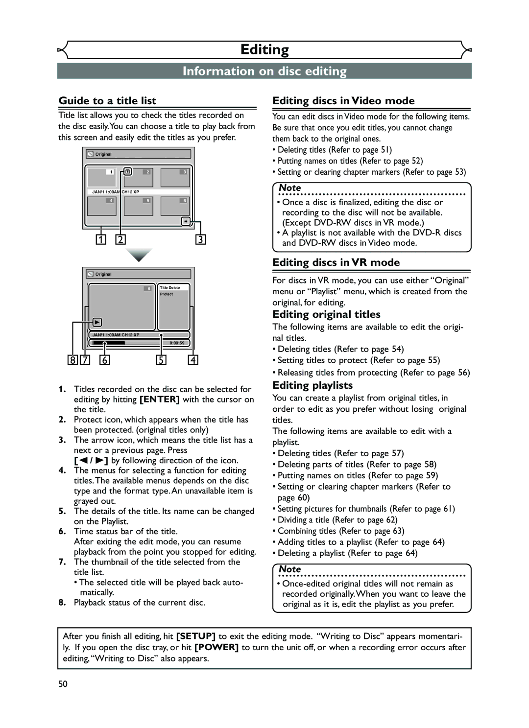 FUNAI EWR10D5 owner manual Editing, Information on disc editing 